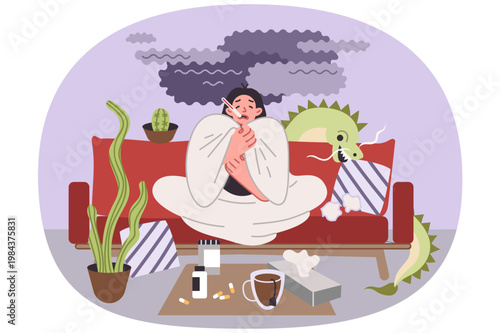 Sick woman with high fever sits on sofa, wrapped in blanket, and awaits arrival of ambulance