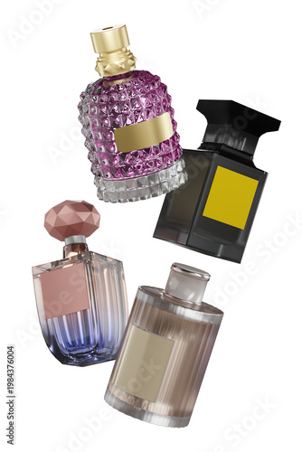 Elegant Collection of Luxury Perfume Bottles with Various Designs and Colors on a White Background