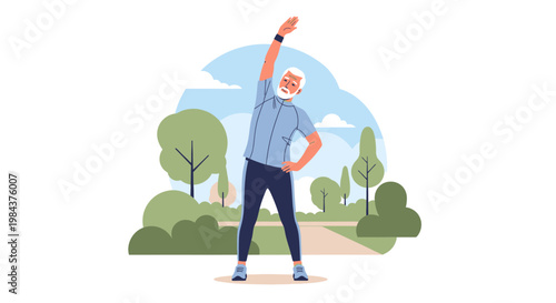 An active senior man with a beard performs a healthy side bend stretch outdoors in a vibrant park setting, promoting wellness and fitness.