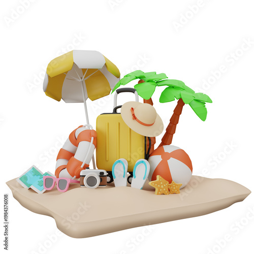 Tropical Beach Vacation Essentials with Suitcase, Umbrella, and Palm Trees on Sandy Island