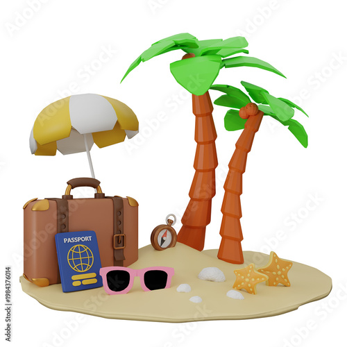 Tropical Island Vacation Concept with Palm Trees, Suitcase, Umbrella, and Beach Accessories in a 3D Illustration

