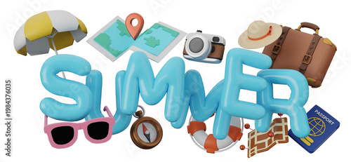 Colorful Summer Vacation Icons with Travel Elements Including Camera, Map, and Sunglasses on a White Background

