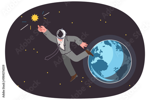 Business man is flying in space trying to touch sun with hand, going on tourist flight into orbit