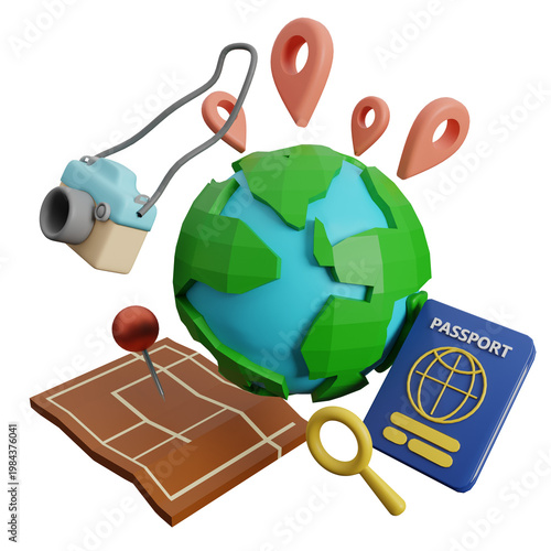 Colorful 3D Illustration of Travel Essentials with Globe, Camera, Passport, and Map Icons for Adventure and Exploration Themes