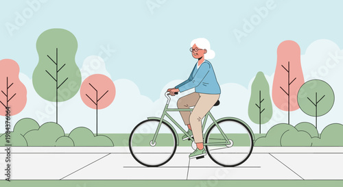A senior woman with white hair enjoys a leisurely bicycle ride through a vibrant, modern park on a beautiful sunny day, promoting active aging.