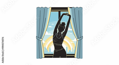 Silhouette woman stretching at window with sunrise cityscape, rainbow, clouds
