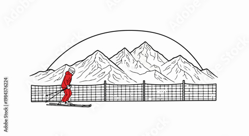 Skier in red suit with poles descends snowy mountains behind a safety fence