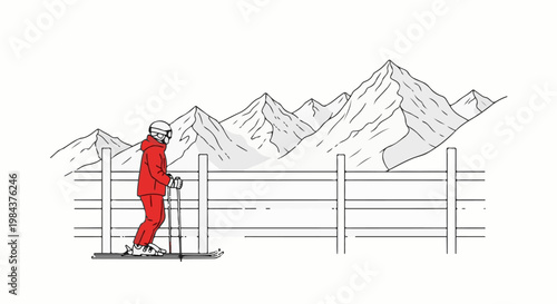 Skier in red suit with poles stands by fence, mountains in background