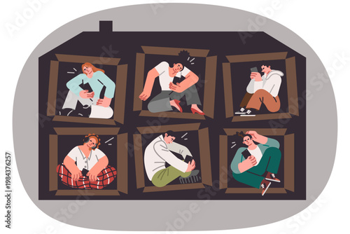 People with digital addiction are sitting in different rooms in house, due to self-isolation.