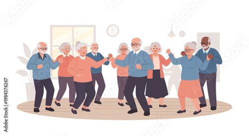 A vibrant group of cheerful senior citizens actively participates in a fun and engaging dance exercise class, promoting health and social connection.