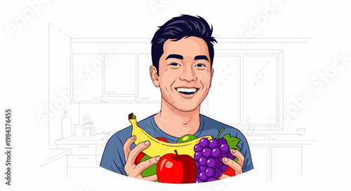 Smiling man in a kitchen holding a variety of fresh fruits