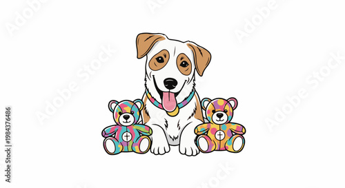Smiling dog sits between two colorful tie-dye teddy bears