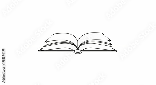 Simple line drawing of an open book with pages fanned out on a horizontal line