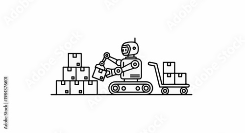 Robotic arm moves boxes onto a cart, with stacked boxes nearby