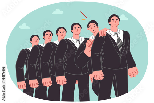 Line of brave businessmen and one frightened guy waiting for interview for position of manager