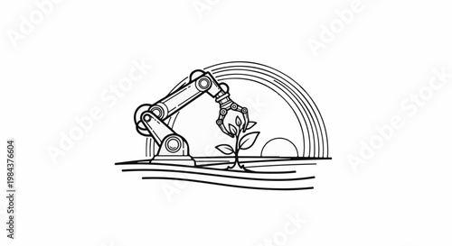 Robotic arm tending to a sprout under a rainbow and sun