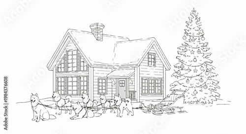 Snowy cabin adorned with a Christmas tree, a sled, and a team of eager sled dogs