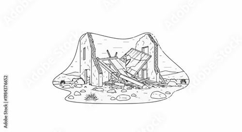 Sketch of a partially collapsed, weathered building in a barren landscape