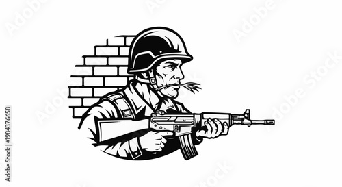 Soldier with rifle and grass in mouth, behind brick wall