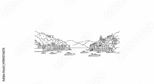 Sketch of a picturesque coastal village nestled against rolling hills with boats
