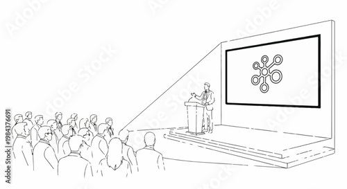 Speaker addresses audience on stage with screen displaying abstract graphic