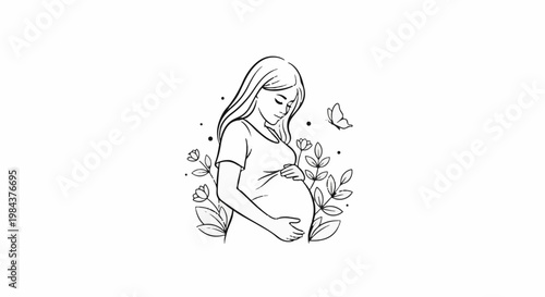 Sketch of a pregnant woman with flowers and butterfly