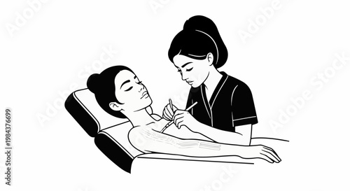 Spa treatment, technician applying lines to client's arm with tool