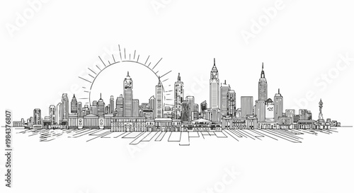Sketch of a sprawling city skyline with sunburst at dawn