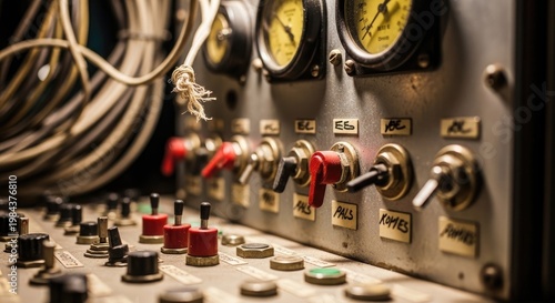Vintage Control Panel with Dials and Switches.