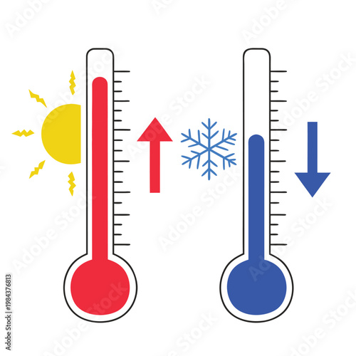 This isolated thermometer vector illustration features a red and blue scale for measuring celsius and fahrenheit degrees to indicate hot and cold weather temperature.