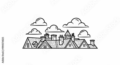 Sketch of tiled rooftops with chimneys and clouds against a white background