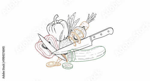 Sketch of various vegetables being prepared with a knife