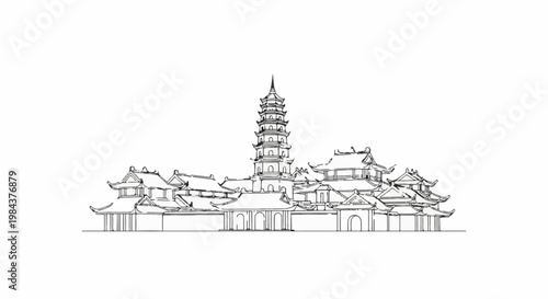 Sketch of a tall, multi-tiered pagoda surrounded by traditional, multi-roofed buildings