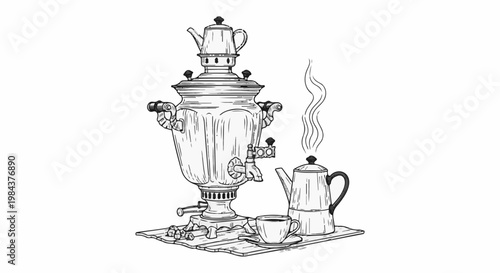 Sketch of a traditional samovar with a teapot, cup, and saucer on a wooden tray