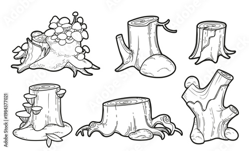 Big low stump with parasitic overgrowth toadstools and moss linear drawing for coloring isolated on white background