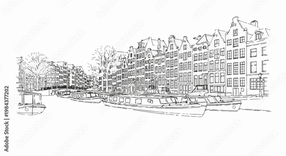 Fototapeta premium Sketch of canal with boats and tall buildings