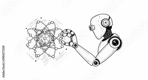 Robot's hand manipulating atomic structure, symbolizing artificial intelligence
