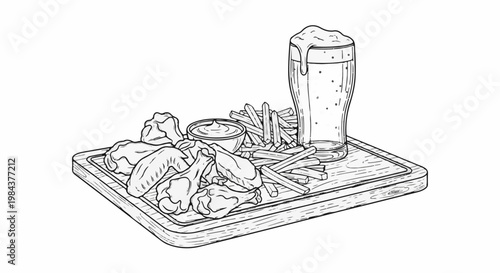 Sketch of chicken wings, french fries, dipping sauce, and a frothy beer