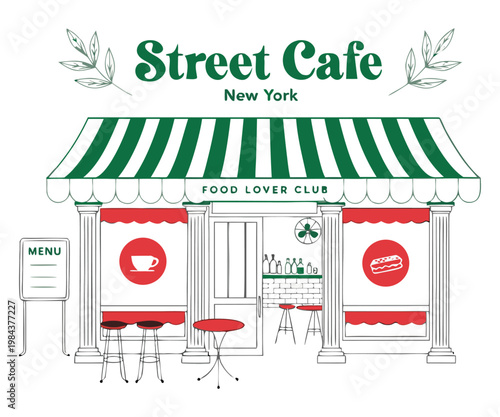 Vintage Street Cafe Storefront Illustration New York Coffee Shop Exterior Flat Design.