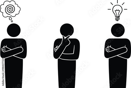 Confusion to idea silhouette icon illustration, thinking pose artwork, problem solving design, realization graphic, creativity symbol, insight profile