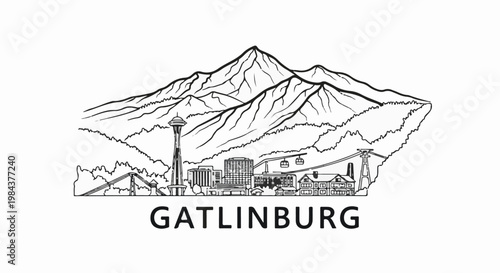 Sketch of city skyline with mountains and ski lift