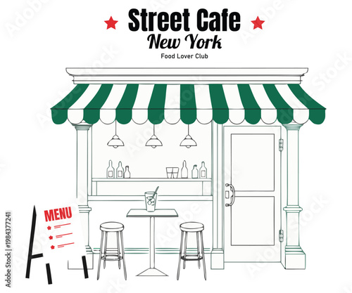 Vector illustration of a Parisian cafe storefront featuring a wooden table and chairs on the street near a shop window and restaurant sign.
