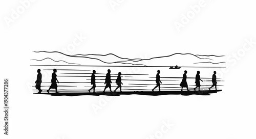 Silhouetted figures walk along a shore with distant hills and a boat