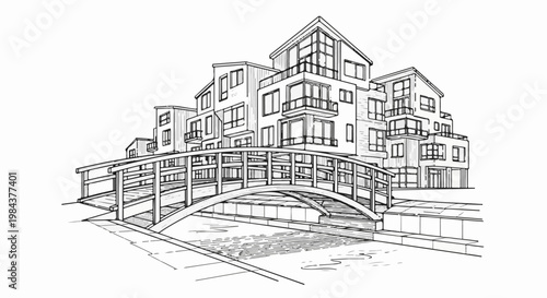 Sketch of modern multi-story buildings with a bridge over a canal
