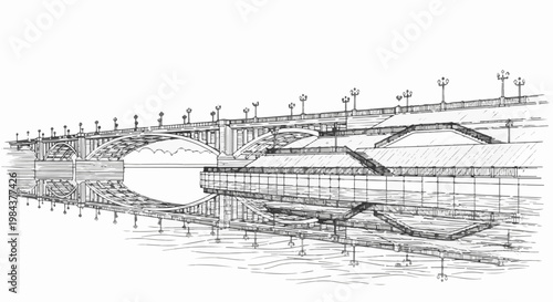 Sketch of a grand bridge and embankment reflected in calm water