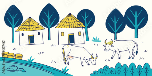 Cartoon vector illustration of a rural village landscape featuring a cottage home and farm animals with a horse standing near a tree under a summer sky.