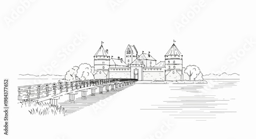 Sketch of a historical castle with towers, accessed by a wooden pier over a lake