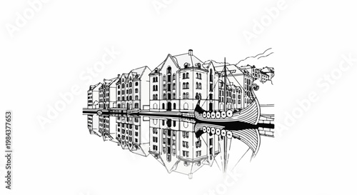 Sketch of a historic waterfront with buildings and a Viking ship reflected
