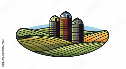 Rolling green and yellow fields with three cylindrical silos under a blue sky