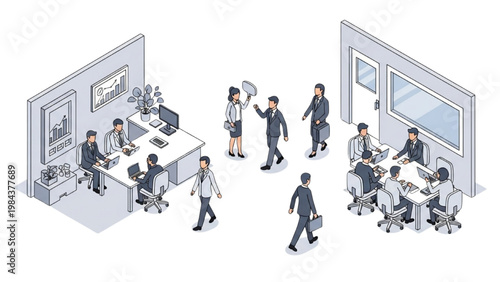 Office workers interact in vector 2D CAD designed business space with colleagues